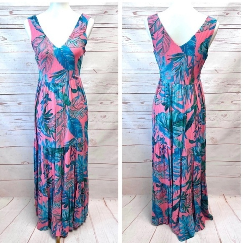 Nicole Miller Women’s Tropical Summer V-Neck Long Maxi Palm Leaf Dress Size 8